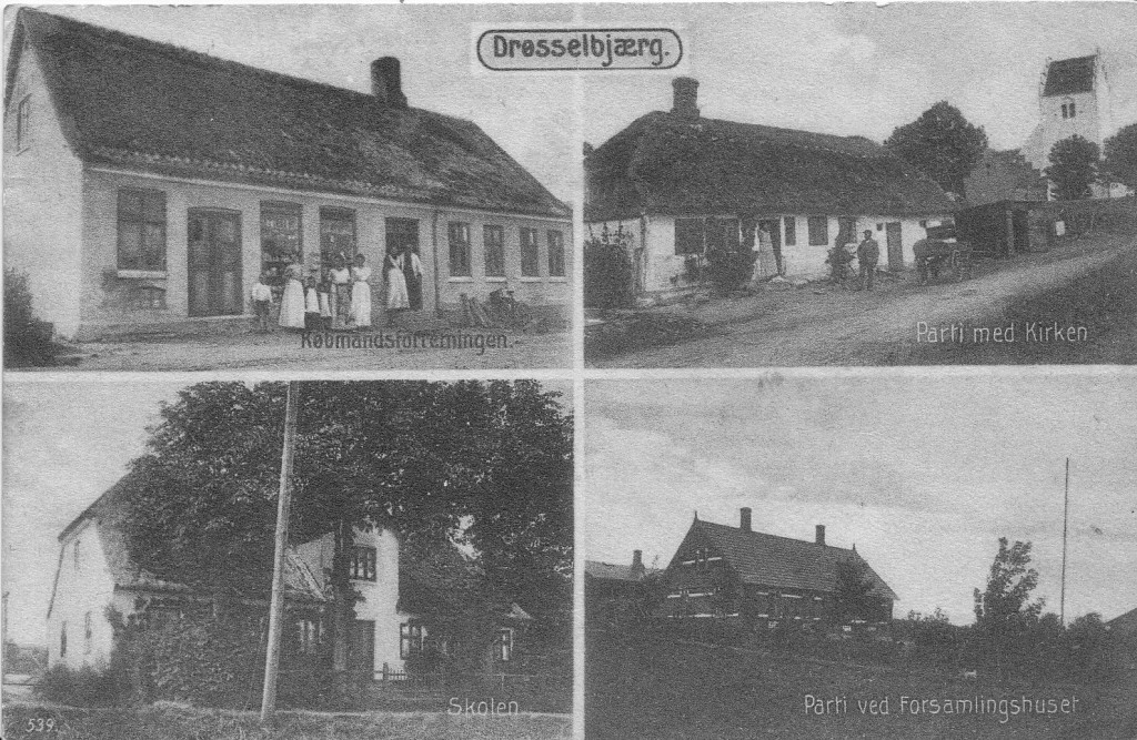 Øverst til venstre: Købmandsforretning, Drøsselbjergvej 16 Øverst til højre: Kirkemarksvej, huset er nedrevet Nederst til højre: Den gamle skole, Drøsselbjergvej 28 Nederst til venstre: Drøsselbjergvej 6